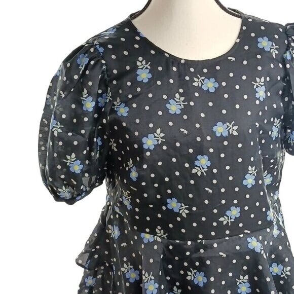 Sandy Liang Womens Size M Dress Black Floral Ruffle Tiered Puff Sleeve Mini - Picture 4 of 8